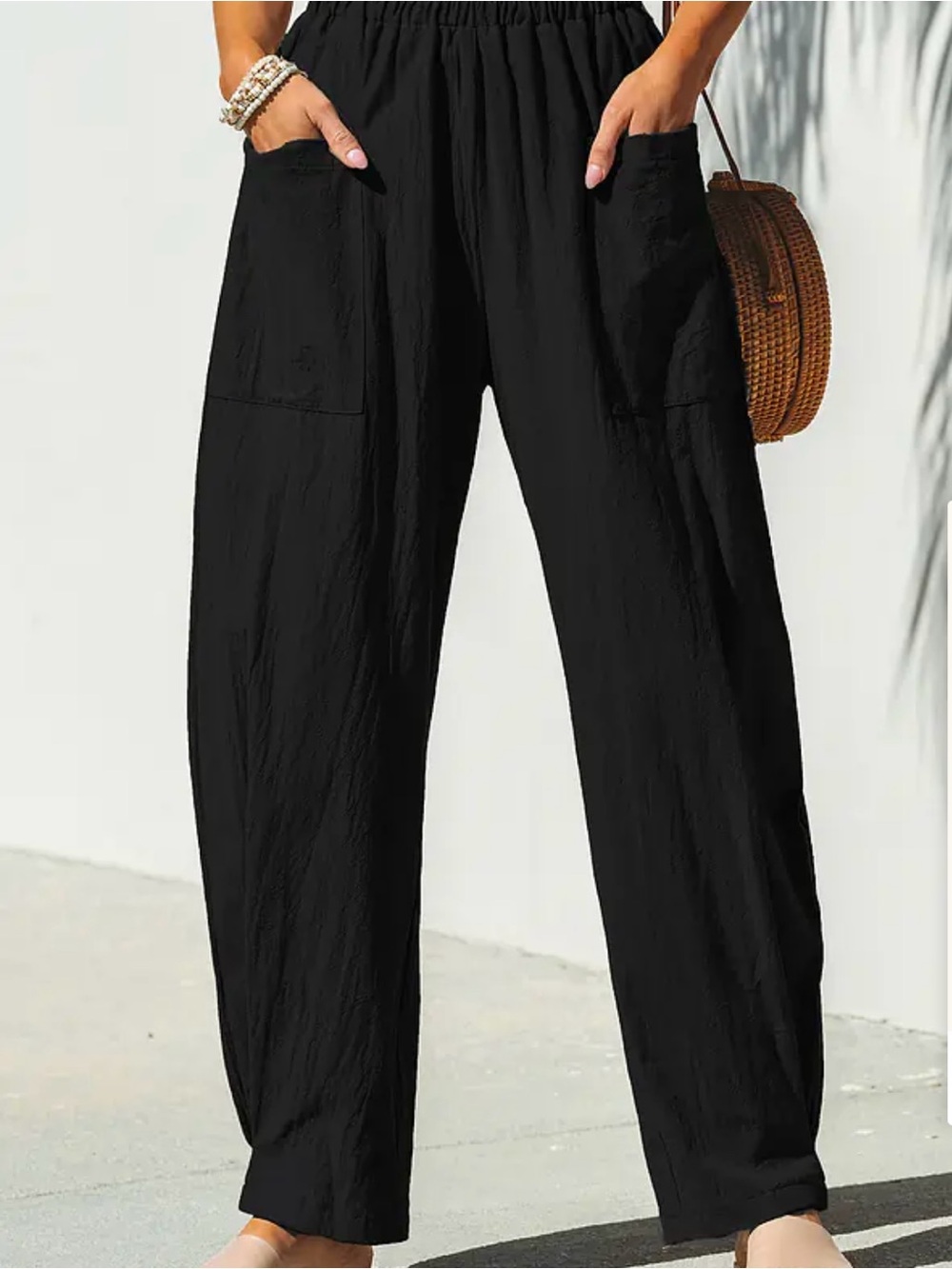 Cupshe Women's XS Black Elastic-Waist Tapered Wide-Leg Pants Cotton New
